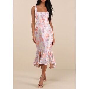 NWT Lulus Boudicca Light Mauve‎ Floral Jacquard Lace-Up Trumpet Midi Dress XL
